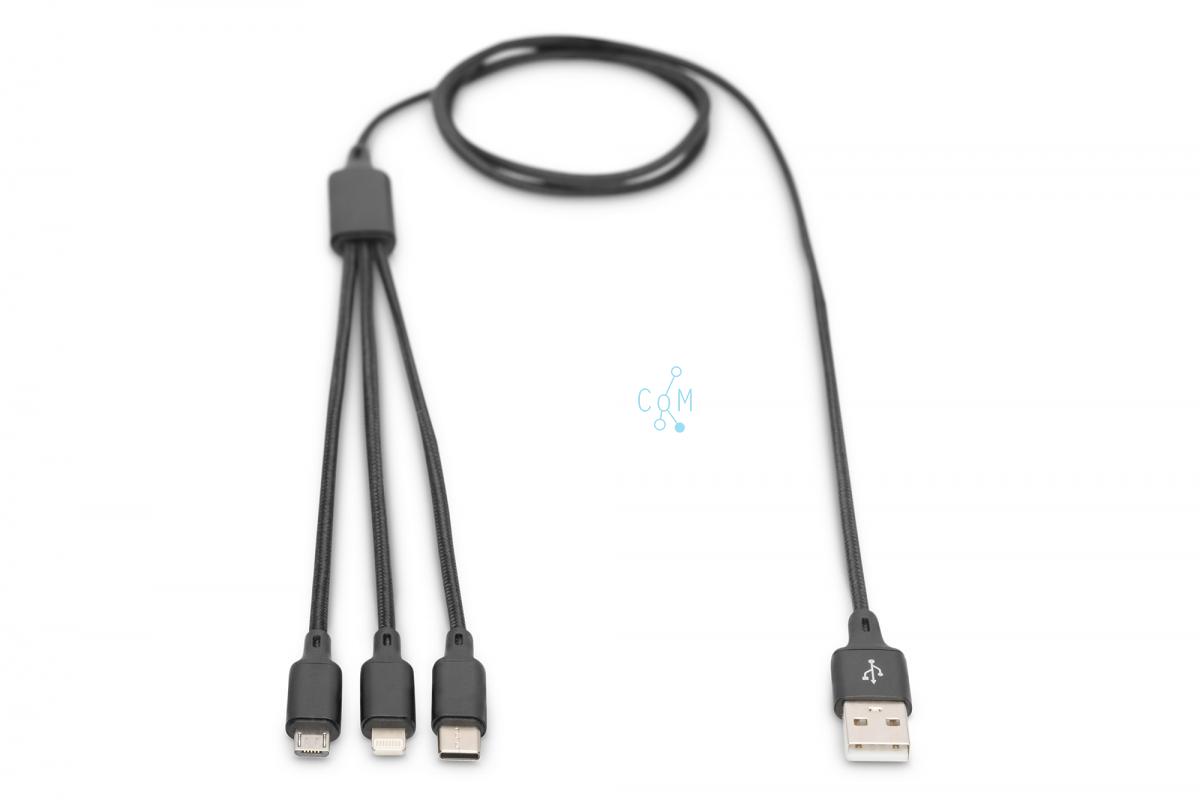 3-in-1 Charger Cable, USB A - Lightning + Micro USB + USB-C