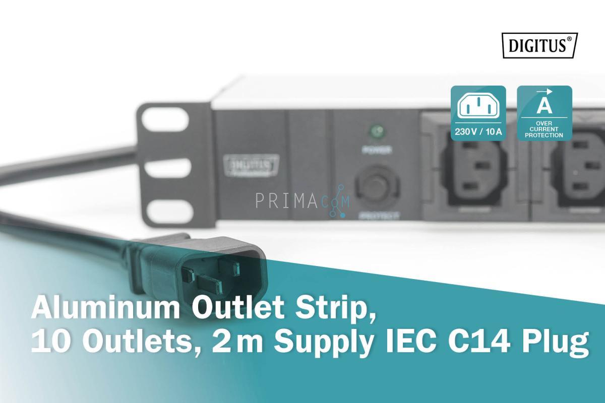 DN-95404 1U Aluminum PDU, rackmountable, 10x IEC C13 10A, 2500W, 250VAC 50/60Hz, overl-prot.,1xC14
