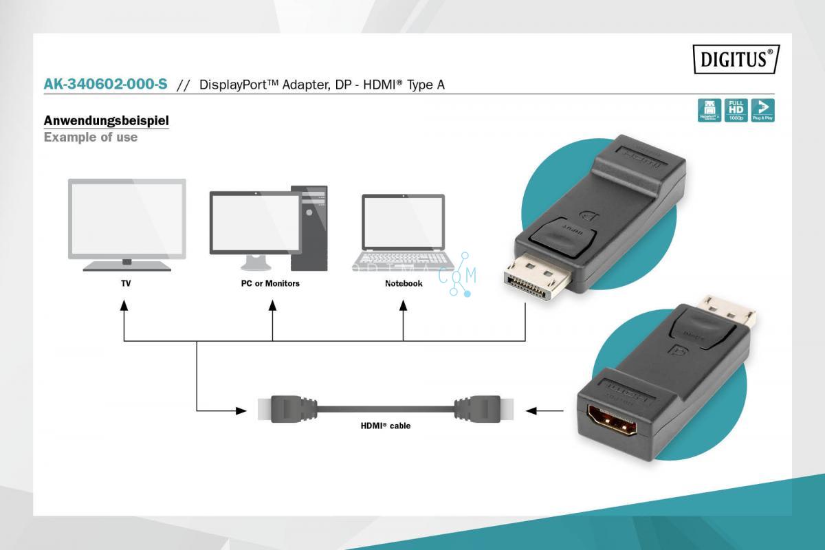 AK-340602-000-S DisplayPort adapter, DP - HDMI type A, M/F ,w/interlock