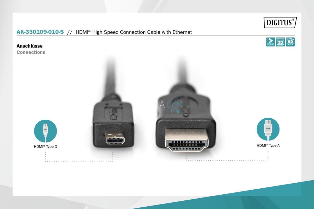 AK-330109-010-S HDMI High Speed connection cable, type D - A M/M