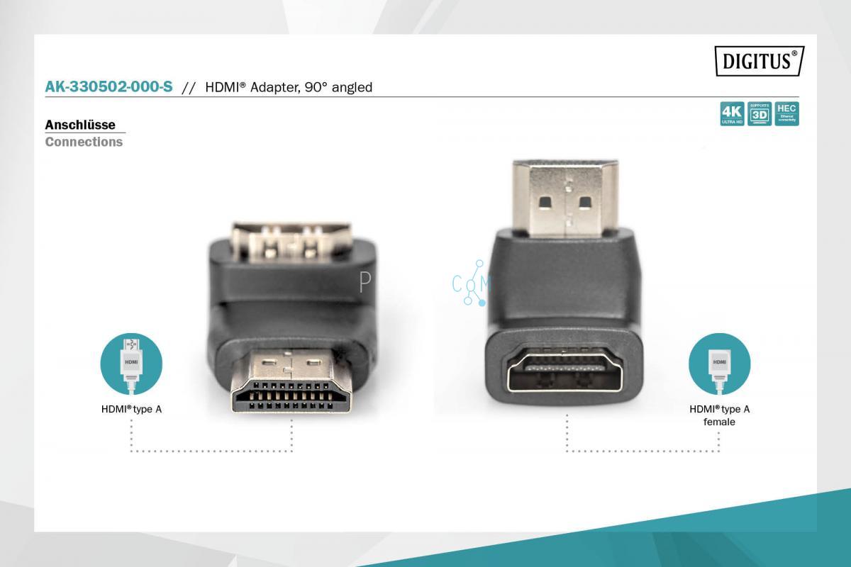 HDMI adapter, type A, 90ø angled M/F, Ultra HD 60p, bl, gold  4K/Ultra HD and 3D capable + Ethernet connectivity