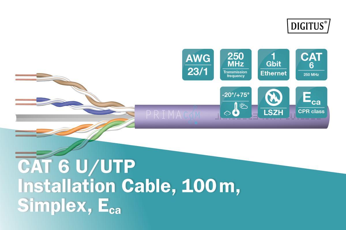 DK-1613-VH-1 CAT 6 U-UTP installation cable, 250 MHz Eca (EN 50575), AWG 23/1, 100m paper box, sx, pu