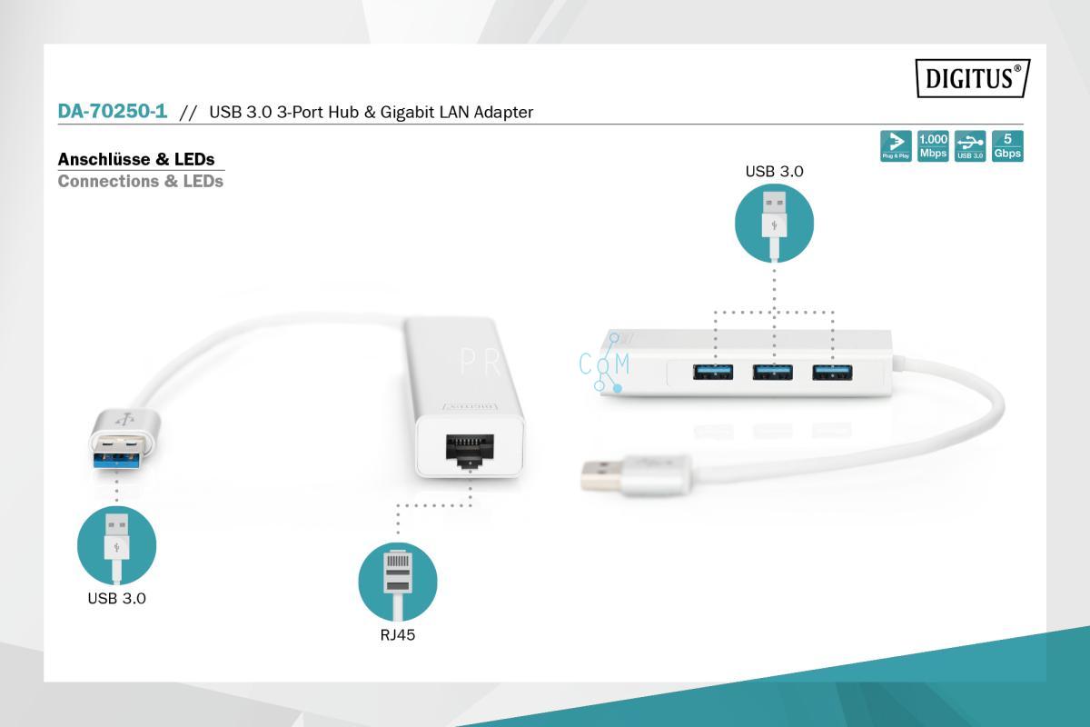 DIGITUS USB 3.0 hub met 3 poorten en Gigabit LAN-adapter DA-70250-1