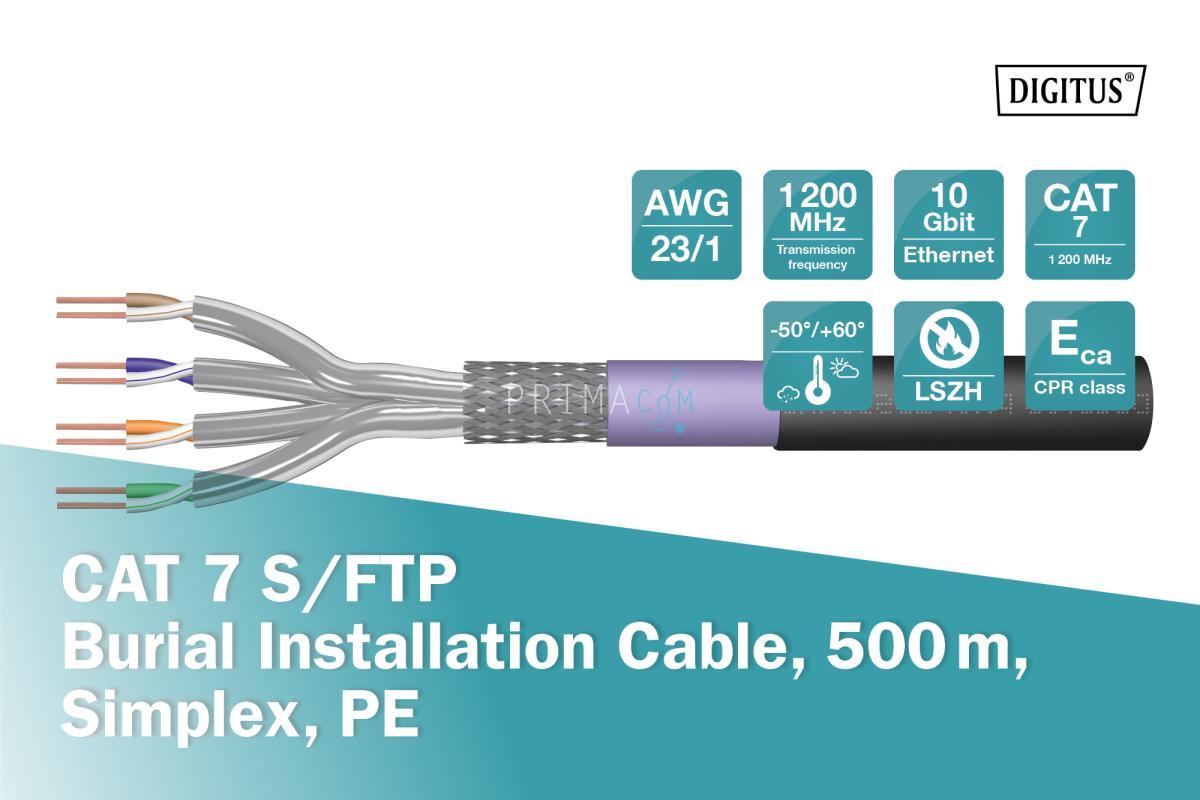 DK-1741-VH-5-OD DIGITUS CAT 7 S-FTP PiMF installation cable, raw 500m, drum, AWG 23/1, 1200 MHz, PE, sx, bl