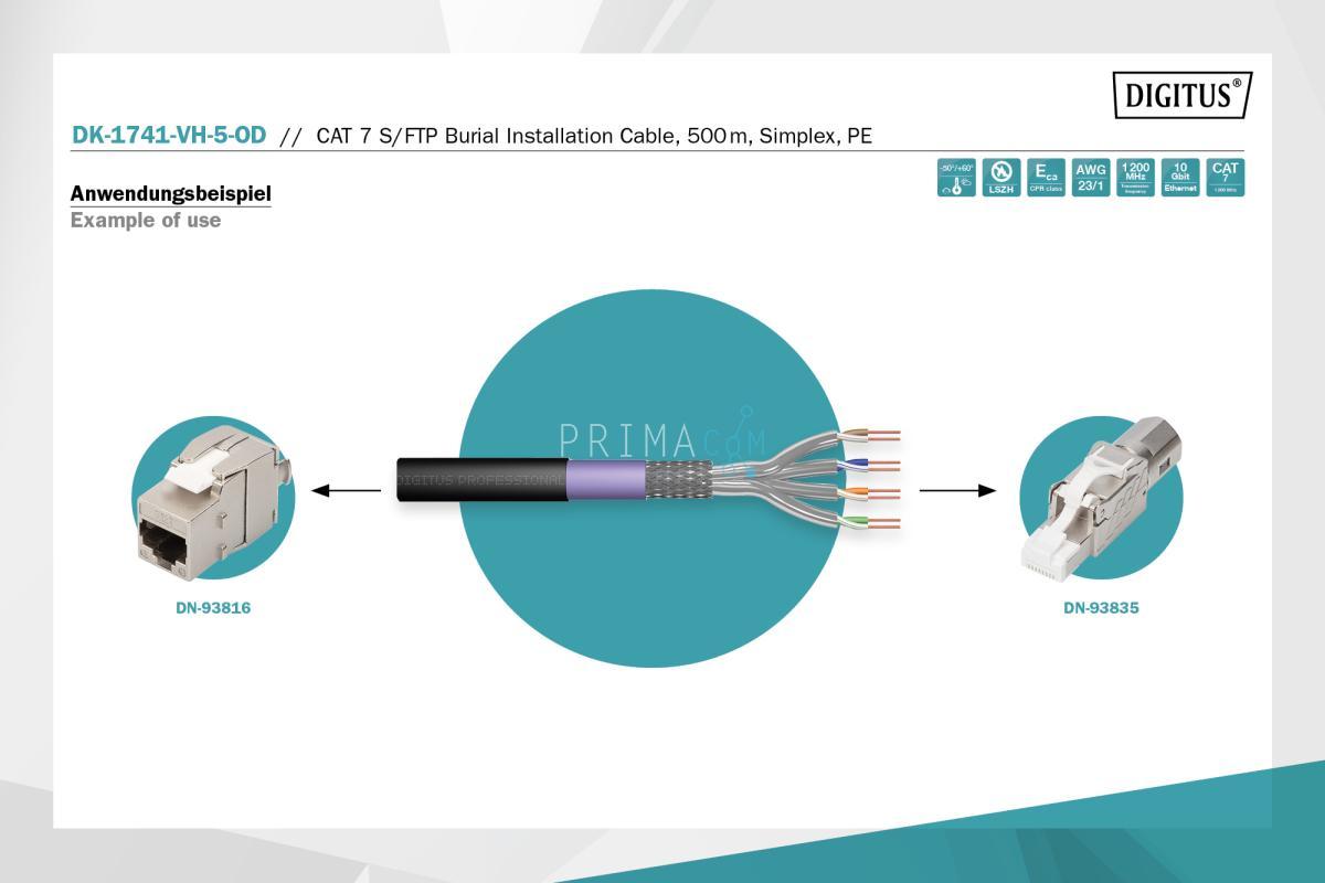 DK-1741-VH-5-OD DIGITUS CAT 7 S-FTP PiMF installation cable, raw 500m, drum, AWG 23/1, 1200 MHz, PE, sx, bl
