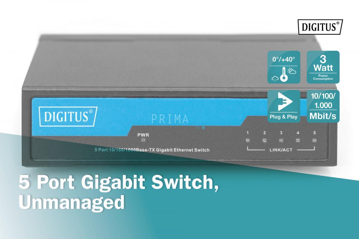 DN-80202 DIGITUS 5 Port Gigabit Switch, Unmanaged