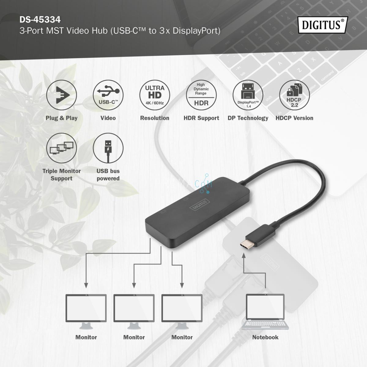 DS-45334 Digitus 3-poorts MST videohub (USB-C™ -> 3x DisplayPort)