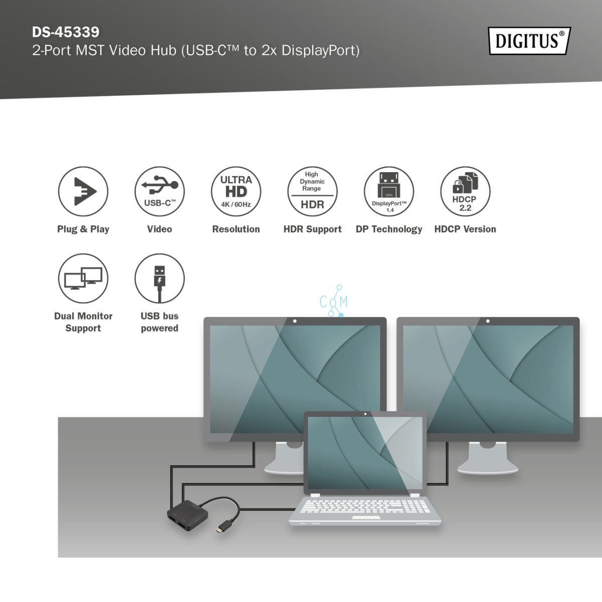 DS-45339 DIGITUS 2-poorts MST videohub (USB-C™ -> 2x DisplayPort)