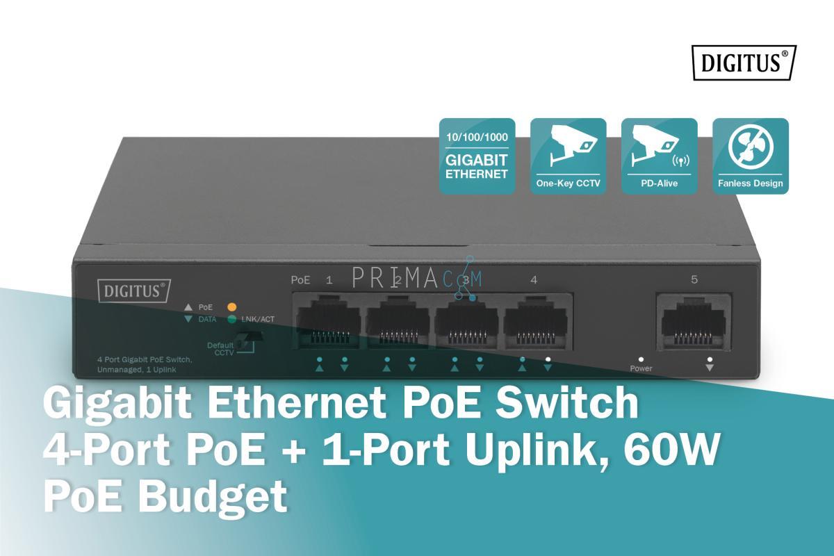DN-95330-1 DIGITUS Gigabit Ethernet PoE-switch 4-poorts PoE + 1-poorts uplink, 60 W PoE