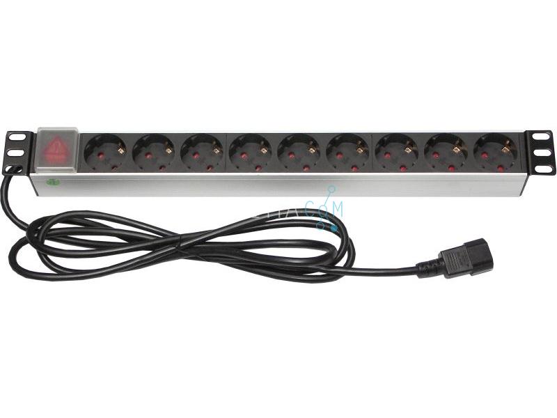 19 inch PDU stekkerdoos, 1U , outlets, C14 plug voor o.a. UPS. incl. kooimoeren, schakelaar met indicator led. 2,5M - PDU-9V-SW