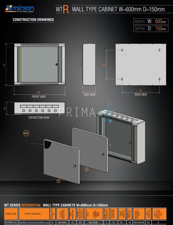 Mirsan 6U WT 150mm diep residential wall type cabinet WxDxH 600x150x360, black RAL9005, 8,2kg