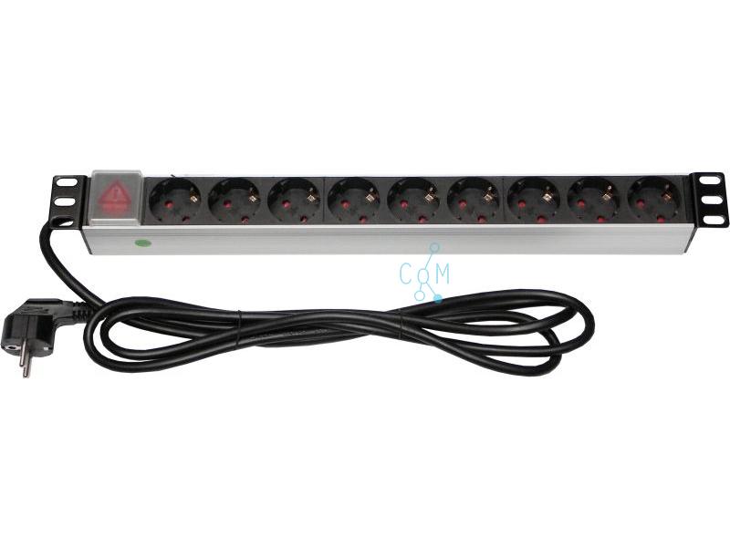 19 PDU stekkerdoos, 1U, 9x schuko outlets, aan/uit schakelar met indicator led, kabel - PDU-9V-SW