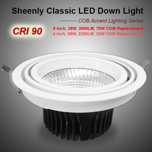 SHEENLY 6 inch cob downlight 38W,  24 and 40 degree available, Warm White, white frame

